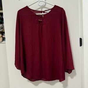 COUNTERPARTS in burgundy 3/4 bishop sleeve blouse.